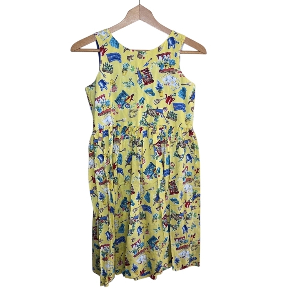 Vintage Kelly's Kids Yellow Garden Tools Floral Print 100% Cotton Dress Size 10